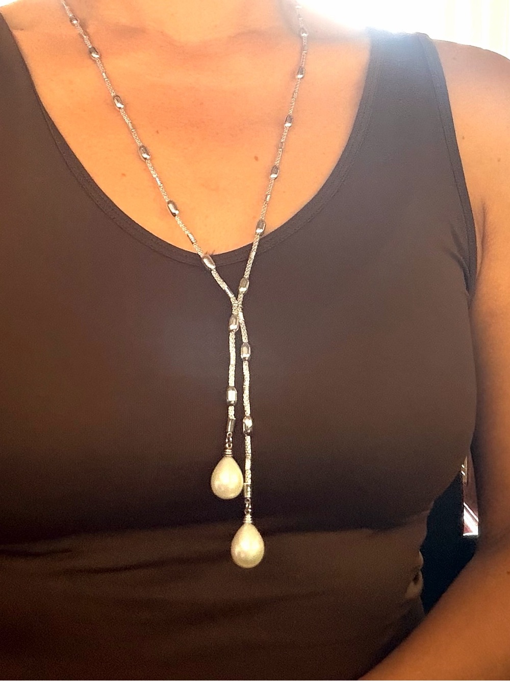 Silver Lariat Necklace with Pearl Drops - Silver